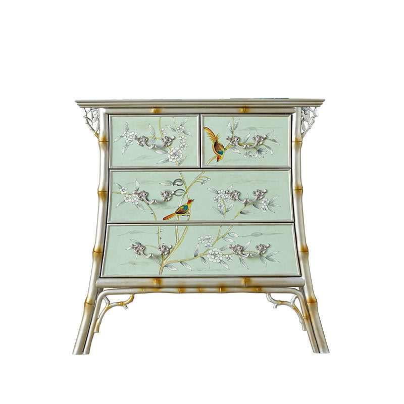 Green Solid Wood 4-Drawer Chest, Painted Floral Bird Dresser with Sculptural Branch Handles and Bamboo-Style Frame for Bedroom, Living Room, Entryway or Hallway