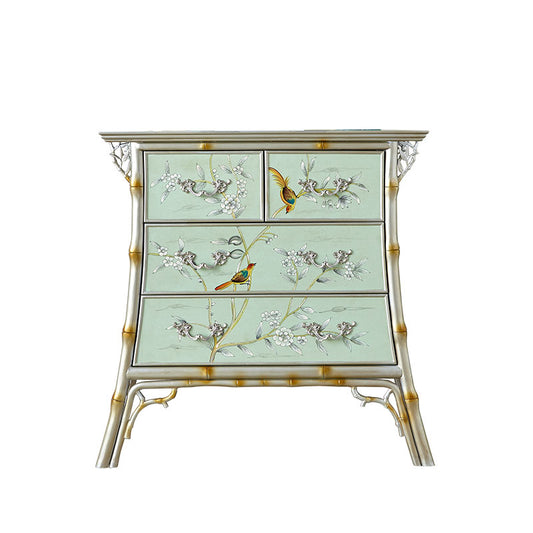 Green Solid Wood 4-Drawer Chest, Painted Floral Bird Dresser with Sculptural Branch Handles and Bamboo-Style Frame for Bedroom, Living Room, Entryway or Hallway