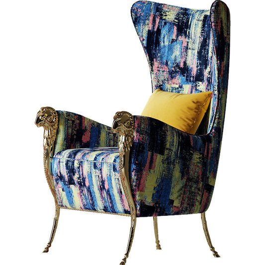 Multicolor Wingback Accent Chair with Gold Tone Ram Head Arms, Upholstered High Back Lounge Chair with Pillow for Living Room, Bedroom, Reading Corner, Office and Luxury Home Decor