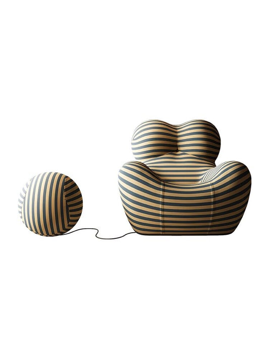 Oversized Striped Lounge Chair with Ball Ottoman, Blue and Beige