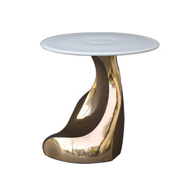 Gold Sculptural Side Table, Round Accent End Table with Tempered Glass Top, Modern Luxury Fiberglass Sofa Side Table for Living Room, Bedroom and Balcony