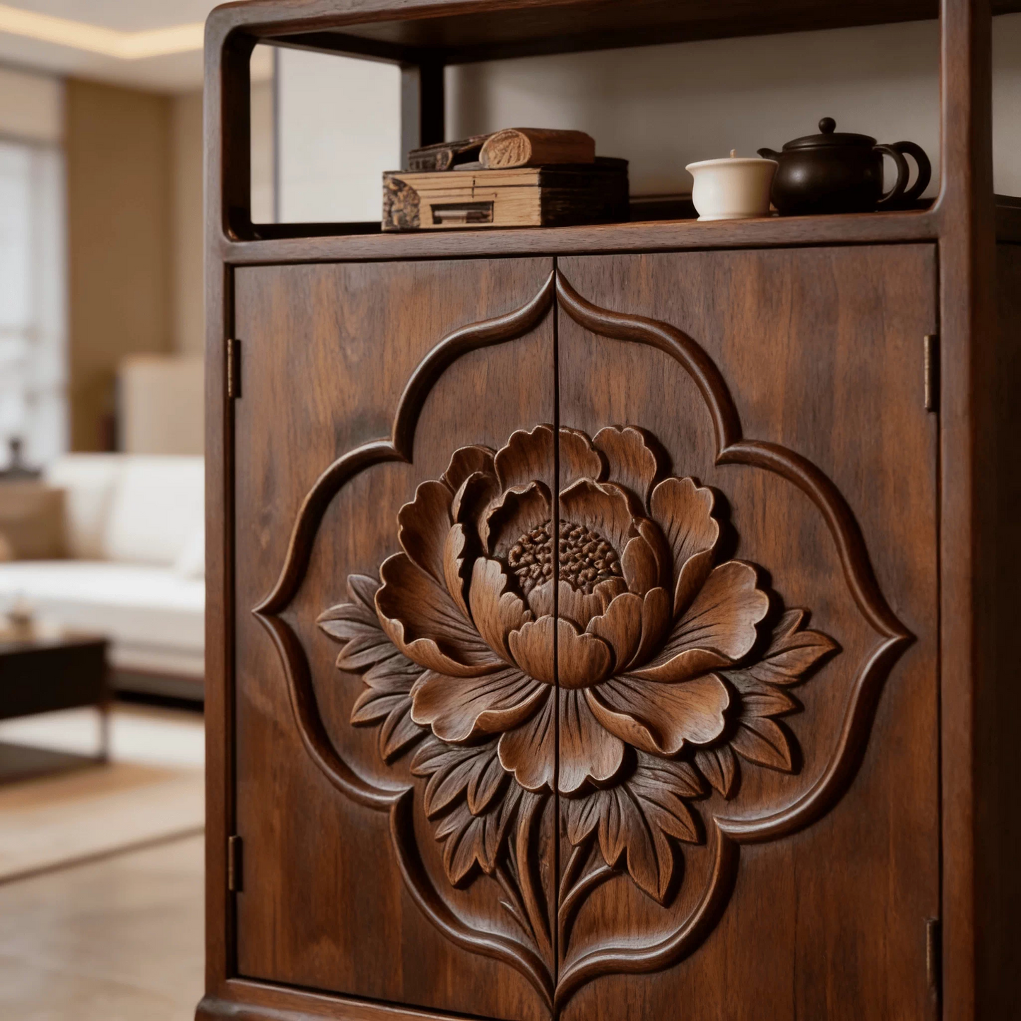 Solid Ash Wood Carved Entryway Storage Cabinet with Floral Doors, Modern Wooden Sideboard Buffet Cabinet with Open Display Shelf, Walnut Finish Accent Console Cabinet for Entryway, Dining Room, Living Room &amp; Hallway