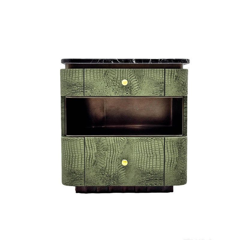 Olive Green Crocodile-Embossed Leather-Look Nightstand with Natural Marble Top, Two-Drawer Curved Bedside Table with Open Shelf and Gold Knobs for Bedroom, Guest Room and Living Room
