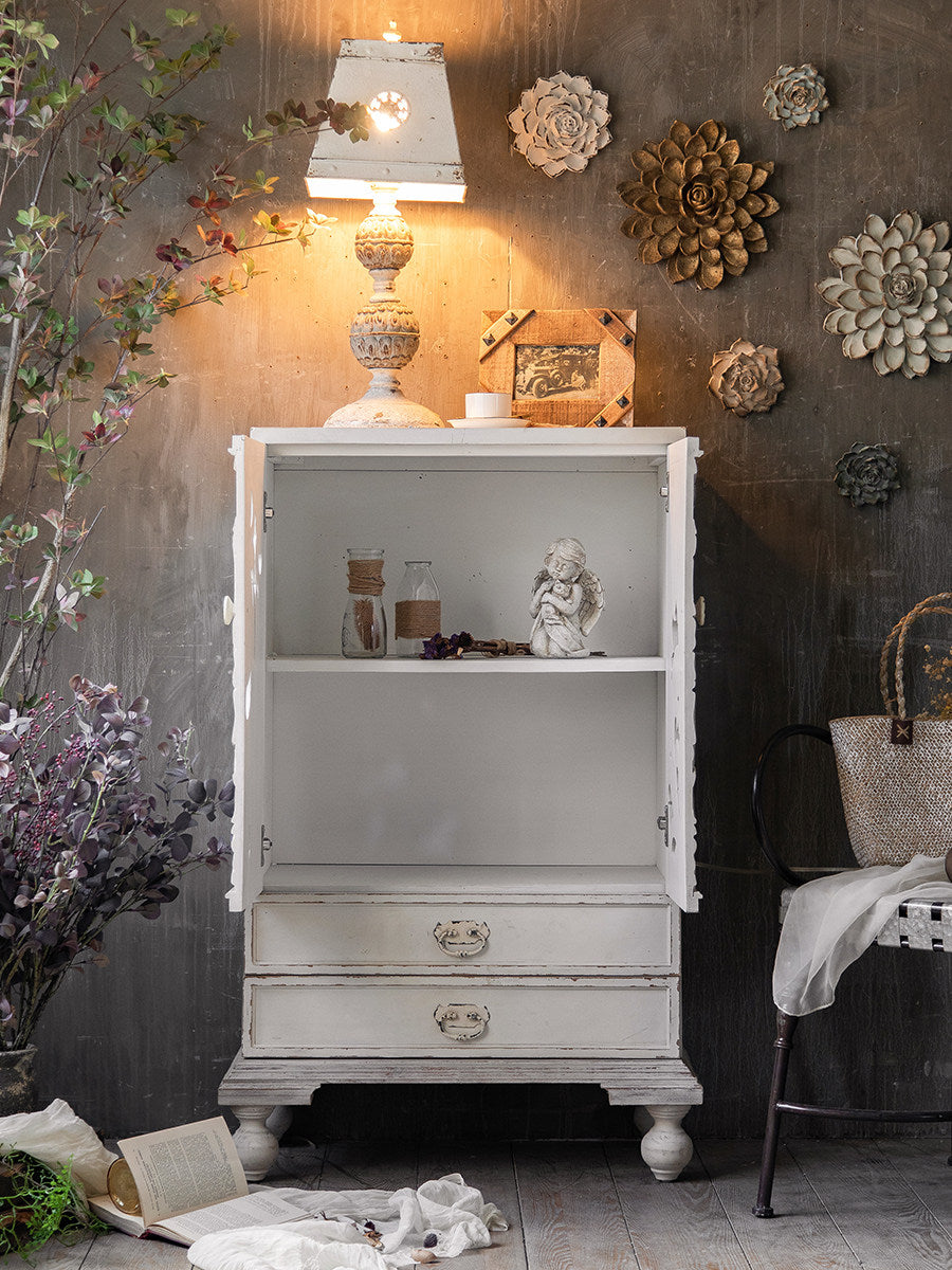 Distressed White Carved Wood Accent Cabinet with 2 Doors and 2 Drawers, Floral Storage Cabinet for Entryway, Living Room and Bedroom