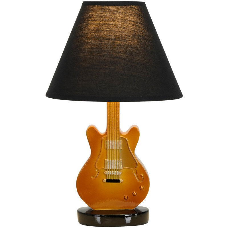 Guitar Table Lamp for Bedroom, Music Themed Bedside Lamp with Black Fabric Shade, Brown Guitar Base, Button Switch and US Plug for Kids Room, Nightstand, Hotel, Office and Studio Decor
