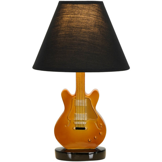 Guitar Table Lamp for Bedroom, Music Themed Bedside Lamp with Black Fabric Shade, Brown Guitar Base, Button Switch and US Plug for Kids Room, Nightstand, Hotel, Office and Studio Decor