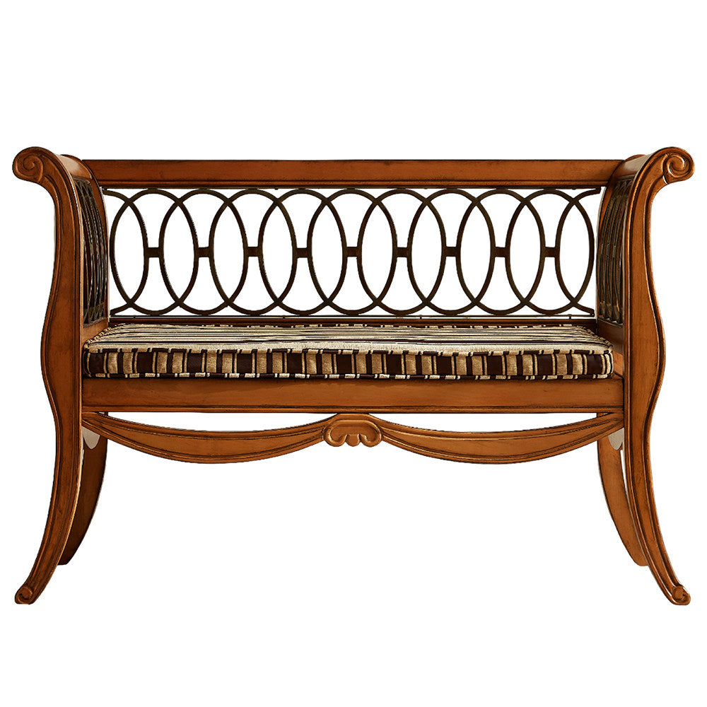 Amber Brown Solid Birch Wood Loveseat Bench, Vintage-Inspired 2-Person Upholstered Settee with Curved Arms, Open Loop Back and Removable Seat Cushion for Living Room, Entryway and Bedroom