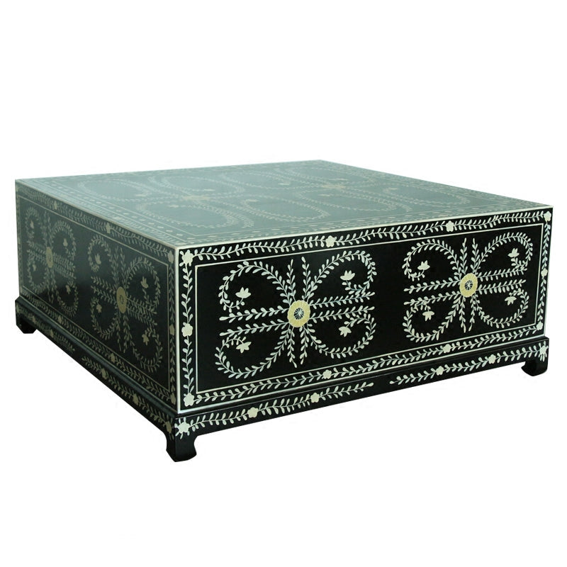 Hand-Painted Solid Wood Storage Trunk Coffee Table, Rectangular Floral Chest Table with Lift-Top Interior Storage and Black Finish for Living Room, Bedroom or Entryway