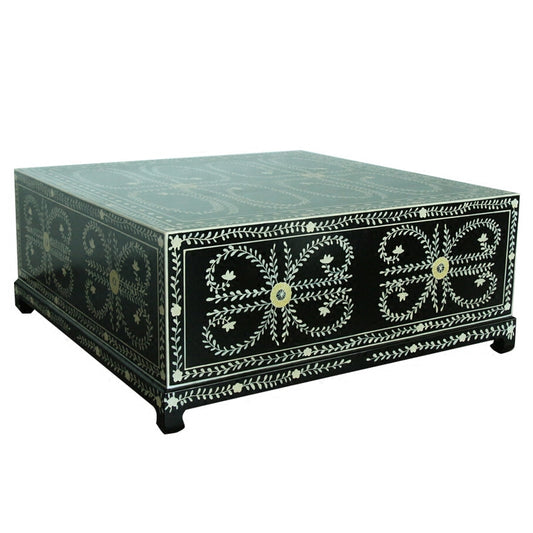 Hand-Painted Solid Wood Storage Trunk Coffee Table, Rectangular Floral Chest Table with Lift-Top Interior Storage and Black Finish for Living Room, Bedroom or Entryway