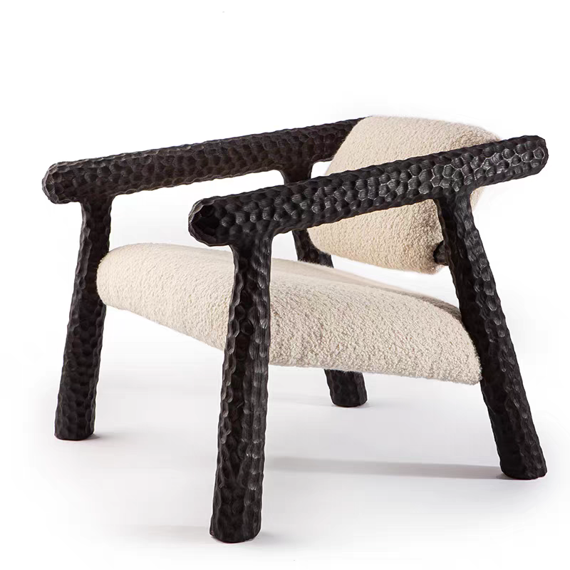 Solid Wood Accent Chair with Boucle Upholstery, Sculptural Carved Armchair, Modern Rustic Lounge Chair for Living Room, Bedroom, Reading Nook, Hotel and Study