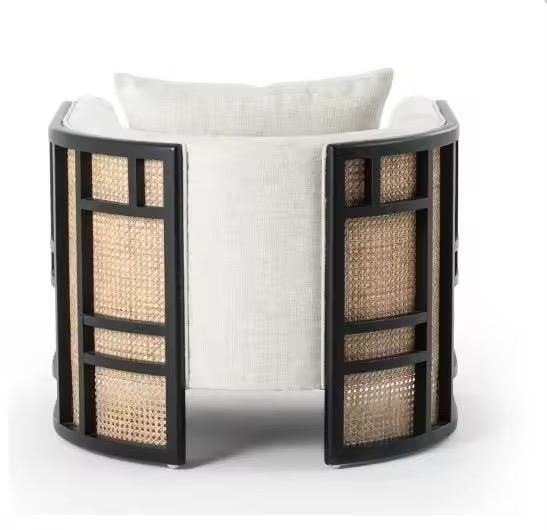 Cream Fabric Accent Chair with Black Wood Frame and Cane Panels