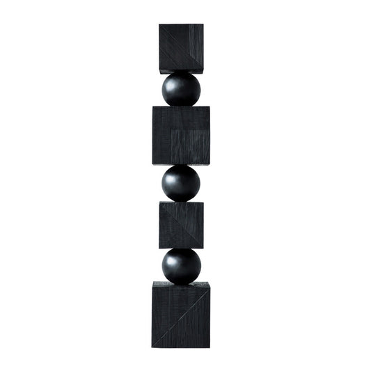Black Geometric Wood Floor Sculpture, Tall Abstract Stacked Cube and Sphere Statue, Modern Carved Wooden Column Decor for Hotel Lobby, Entryway, Living Room, Office and Gallery