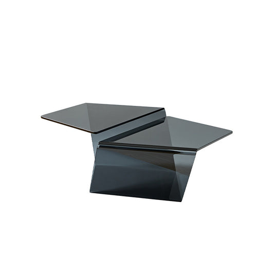 Smoked Gray Glass Coffee Table, Geometric Sculptural Cocktail Table with Asymmetrical Layered Surfaces, Modern Low Center Table for Living Room, Apartment, Lounge and Office
