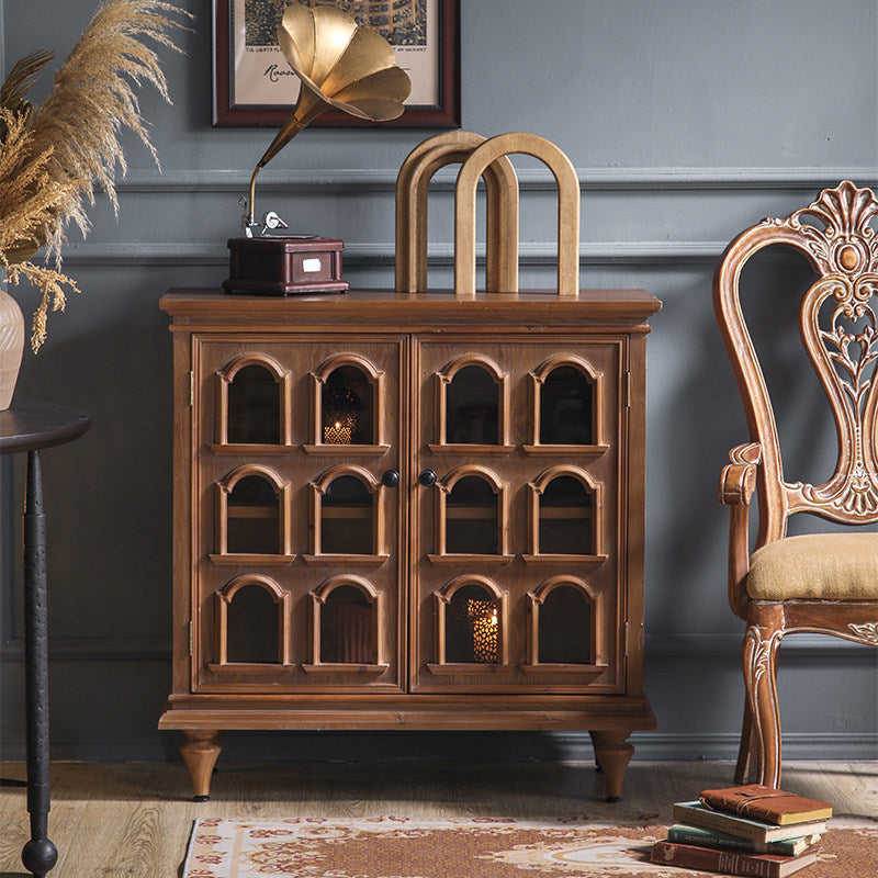 Walnut Brown 2-Door Accent Cabinet with Arched Window Panels