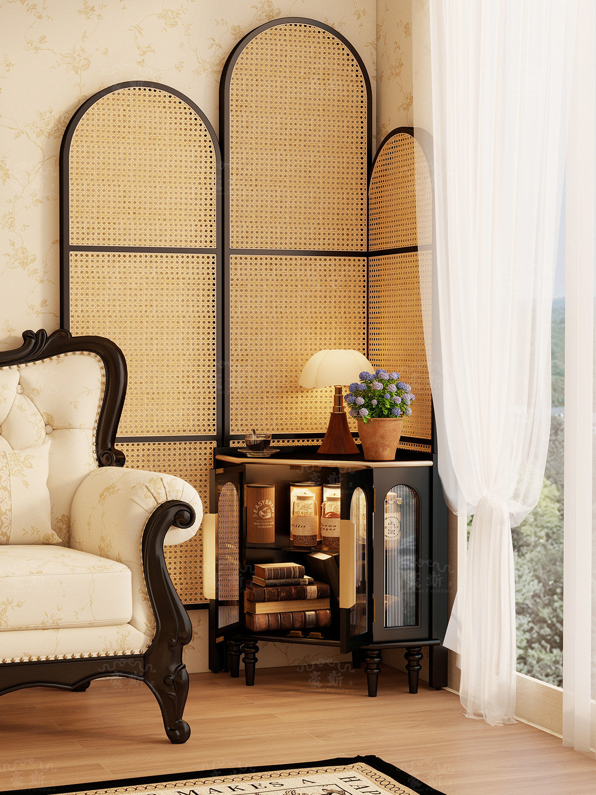 Black Corner Storage Cabinet with Fluted Glass Doors, Solid Wood Frame