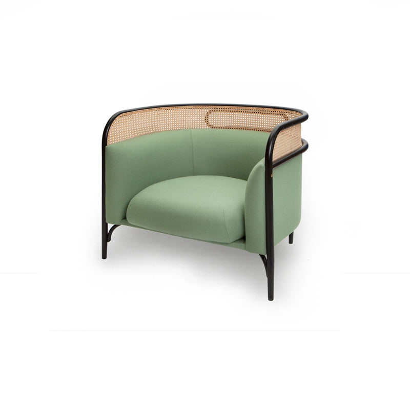 Sage Green Accent Chair with Cane Back, Upholstered Barrel Armchair with Black Frame, Modern Rattan Lounge Chair for Living Room, Bedroom, Cafe, Hotel Lobby, Reception Area