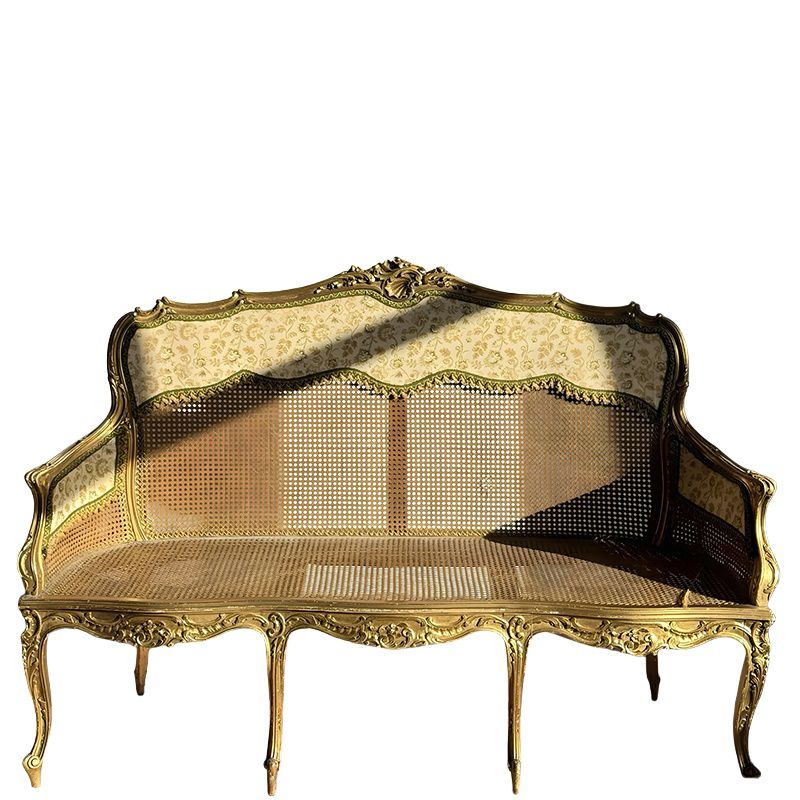 Antique Gold Carved Wood 3-Seat Cane Sofa with Fabric Back