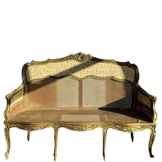 Antique Gold Carved Wood 3-Seat Cane Sofa with Fabric Back
