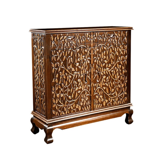 Antique Brown Solid Wood 2-Door Accent Cabinet, Carved Bodhi Tree Botanical Relief Entryway Storage Cupboard with Raised Legs for Foyer, Living Room, Hallway and Dining Room