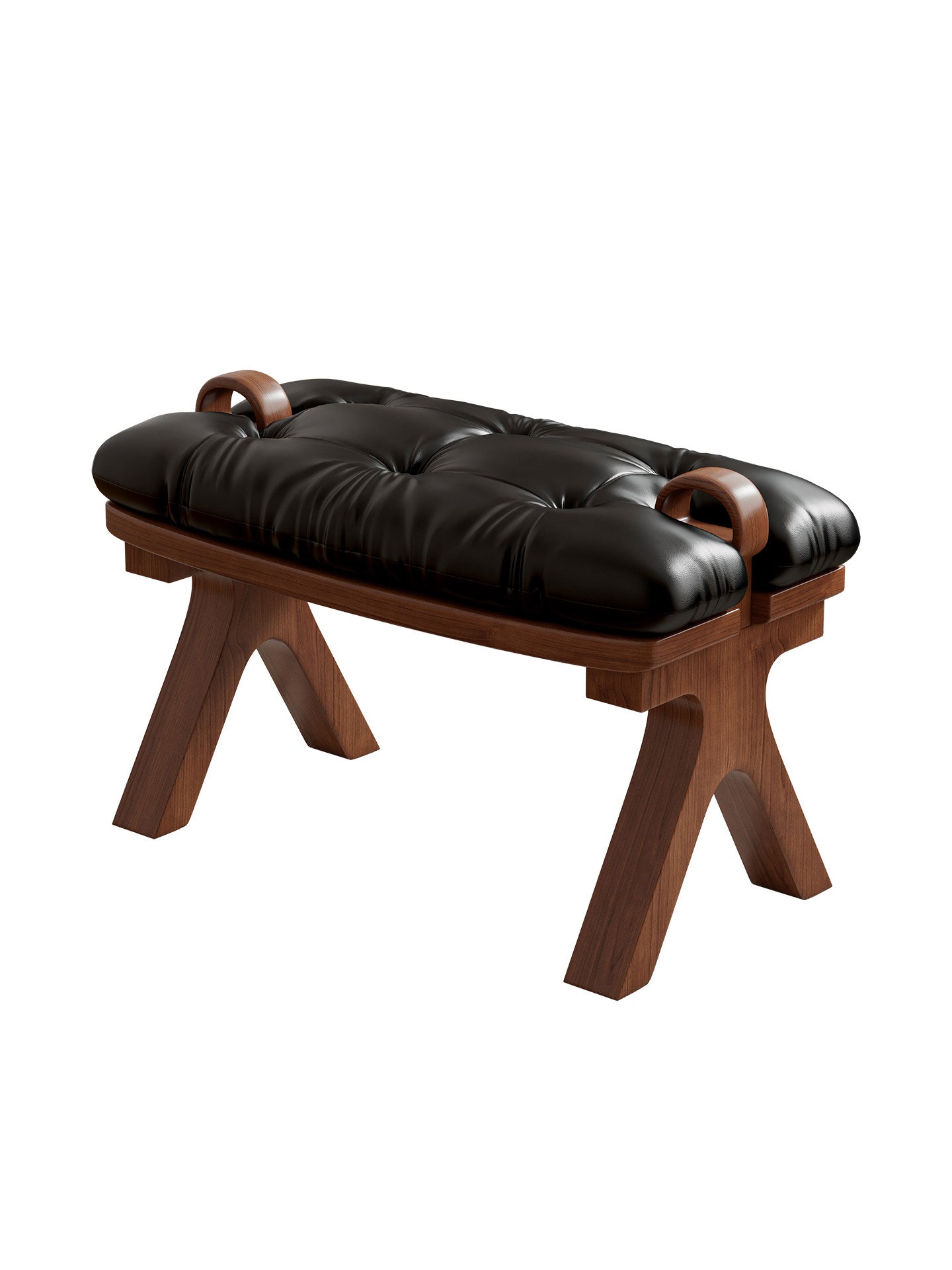 Black Leather Entryway Bench with Wood Frame, Tufted Shoe Changing Stool