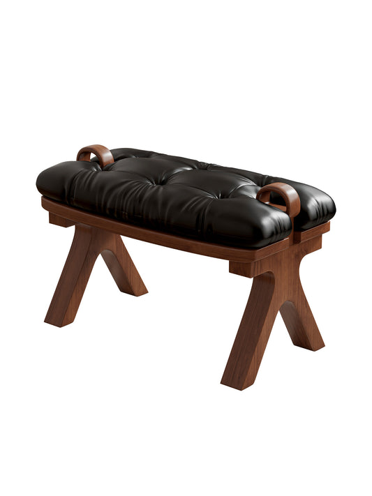 Black Leather Entryway Bench with Wood Frame, Tufted Shoe Changing Stool