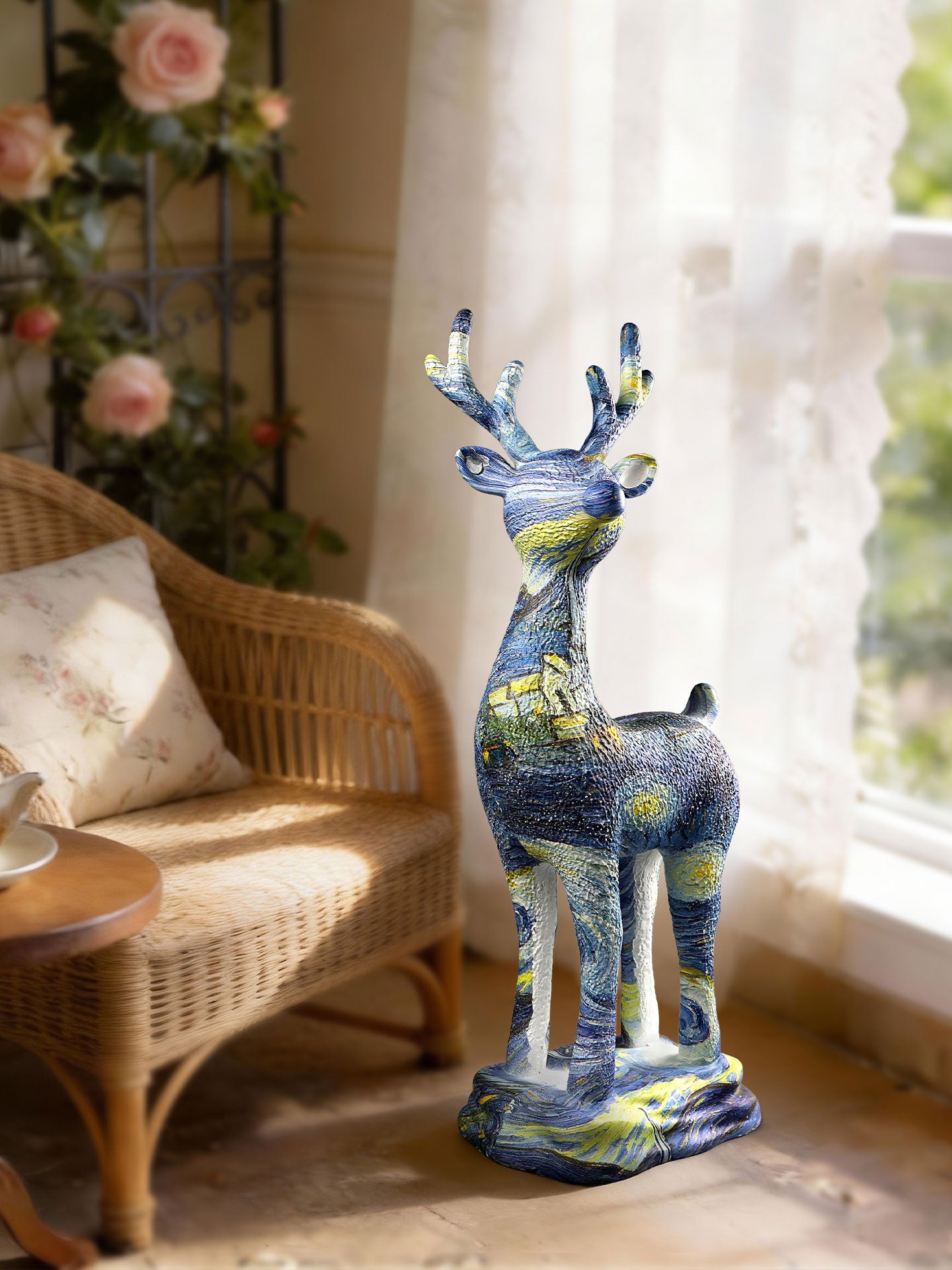 Large Deer Statue, Blue Gold Abstract Floor Sculpture for Home Decor, 25.6 Inch