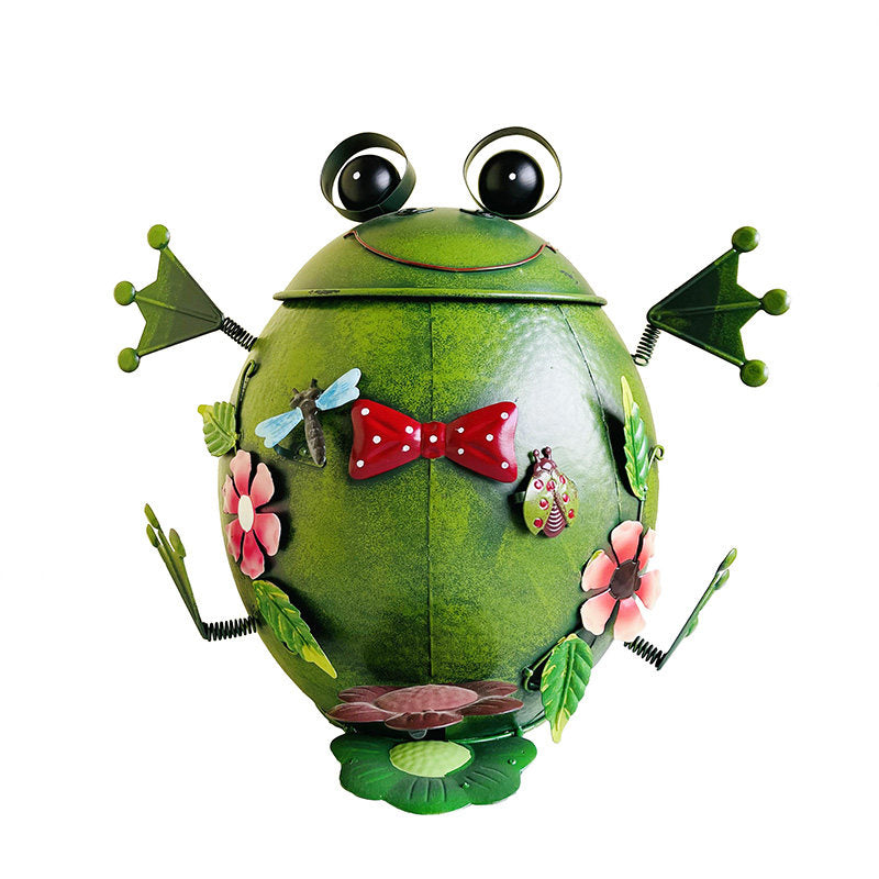 Green Metal Frog Trash Can with Lid and Removable Inner Bin, Hand-Painted Floral Bow Tie Decorative Wastebasket for Bedroom, Office, Living Room, Patio and Garden