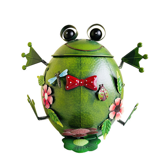 Green Metal Frog Trash Can with Lid and Removable Inner Bin, Hand-Painted Floral Bow Tie Decorative Wastebasket for Bedroom, Office, Living Room, Patio and Garden