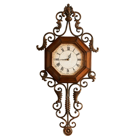 Tall Antique Brown Decorative Wall Clock, Birch Wood Octagonal Clock Face with Ornate Metal Scrollwork, Quiet Battery-Operated Roman Numeral Wall Clock for Living Room, Dining Room, Hallway and Office
