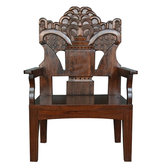Hand-Carved Solid Elm Wood Dining Chair with Arms, Tall Back Accent Armchair, Ornamental Sculpted Backrest Side Chair for Dining Room, Living Room or Reception Area, Brown Wood Finish