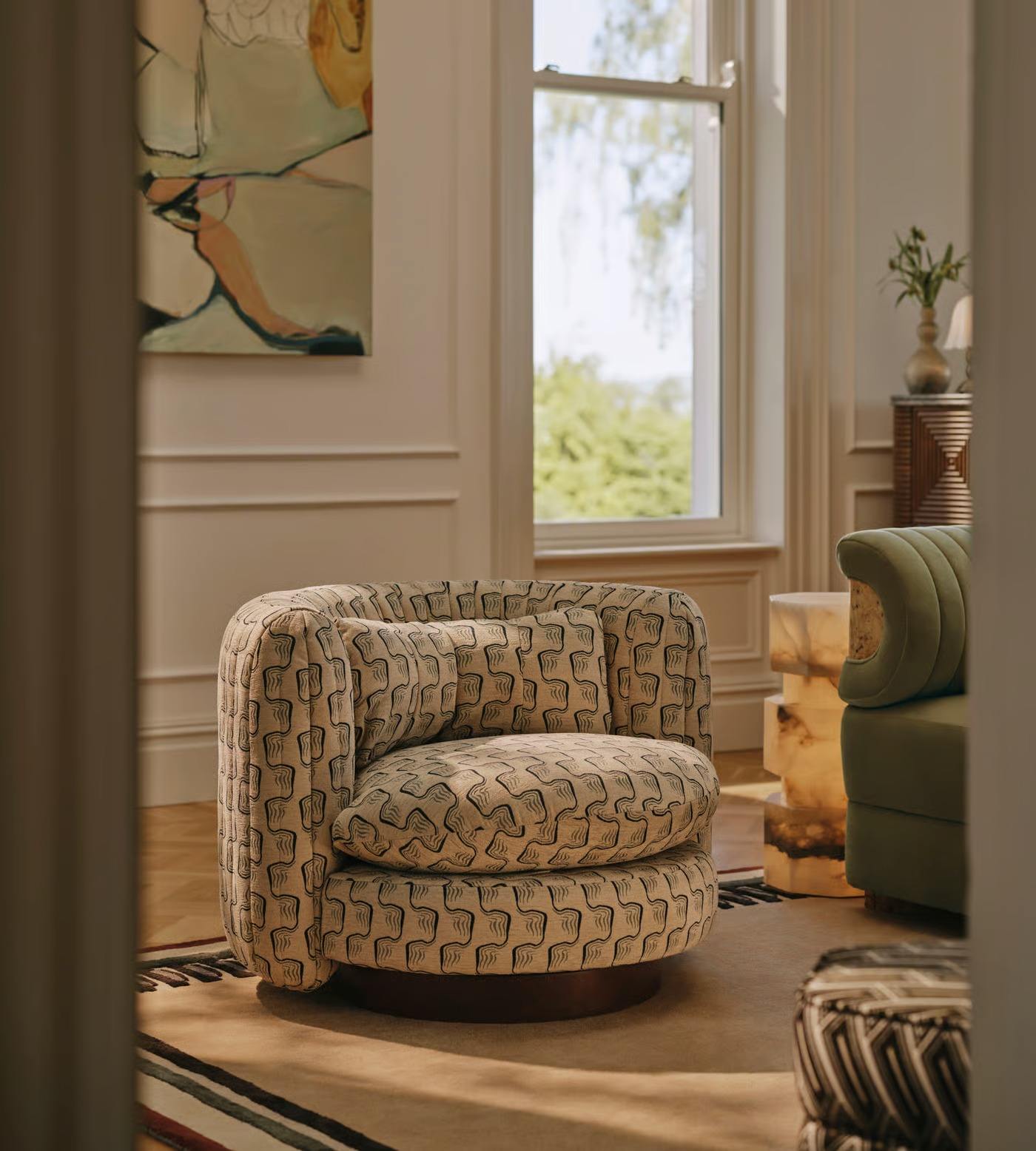 Cream Patterned Swivel Accent Chair with Wood Base for Living Room