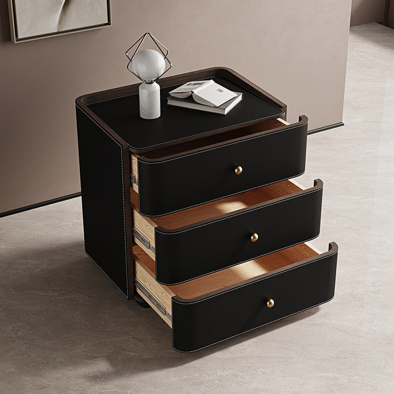 Black Leather Wrapped Nightstand, 3 Drawer Bedside Table with Solid Wood Frame and Gold Knobs for Bedroom, Living Room and Storage