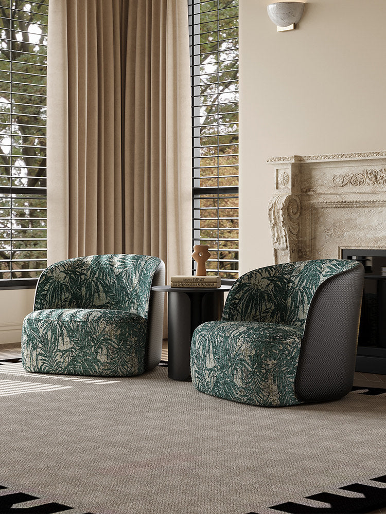 Green Leaf Print Accent Chair, Upholstered Barrel Lounge Chair with Woven Side Panel for Living Room, Bedroom, Balcony, Hotel and Reading Nook