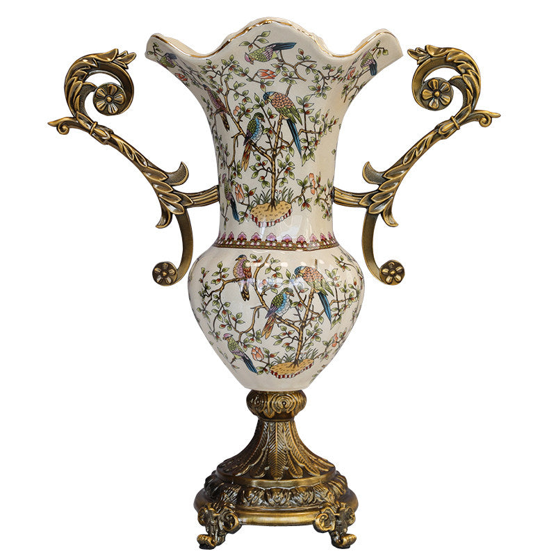 Large Ceramic Urn Vase with Ornate Metal Handles, Bird Floral Design