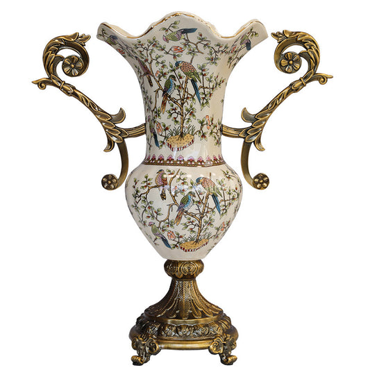 Large Ceramic Urn Vase with Ornate Metal Handles, Bird Floral Design