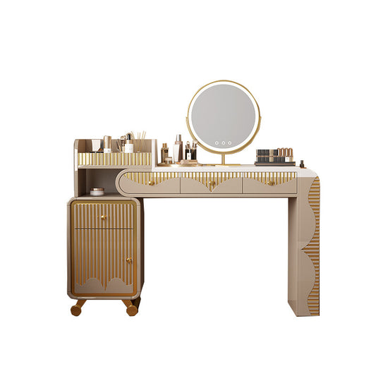 Modern Vanity Desk with Round LED Mirror, Sintered Stone Top Makeup Table with Fluted Gold-Tone Accents, Drawers, Side Storage Cabinet and Cosmetic Organizer for Bedroom