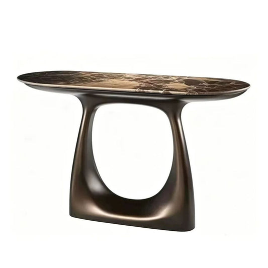 Brown Marble-Look Oval Console Table, Sculptural Bronze Fiberglass Entryway Table, Italian Minimalist Narrow Sofa Table for Foyer, Hallway, Living Room and Hotel Lobby