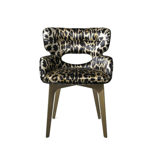 Leopard Print Upholstered Dining Chair with Arms and Metal Legs