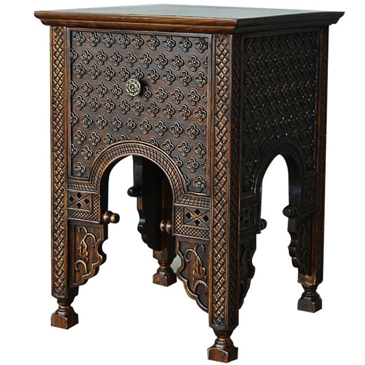 Hand-Carved Solid Wood Side Table, Square Tall Accent Table with Ornate Arched Panels and Dark Brown Finish for Living Room, Bedroom, Entryway or Lounge
