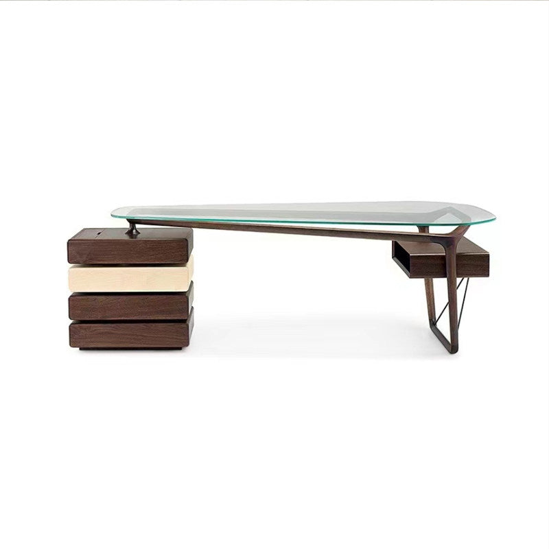 Modern Walnut Executive Desk with Glass Top and Built-In Storage, 78.7 Inch