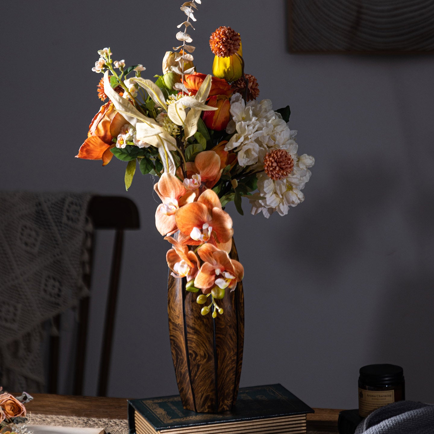 Solid Wood Decorative Vase, Tall Faceted Wooden Flower Vase for Dried Flowers, Rustic Tabletop Centerpiece, Modern Primitive Accent Decor for Living Room, Dining Table, Entryway, Shelf, and Office