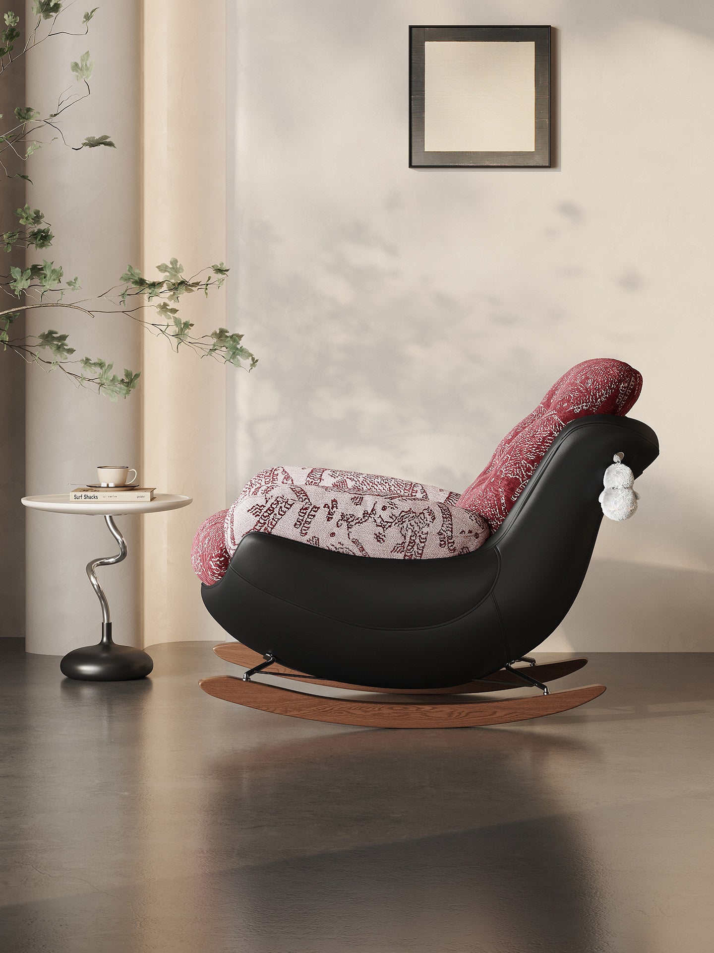 Red Patterned Rocking Chair with Wood Runners and Cushioned Seat