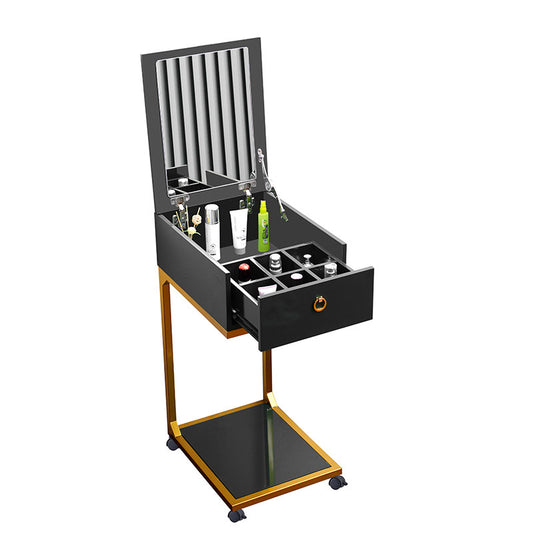 Black Rolling Vanity Table Set, Flip Top Mirror, Drawer, Gold Frame, Stool