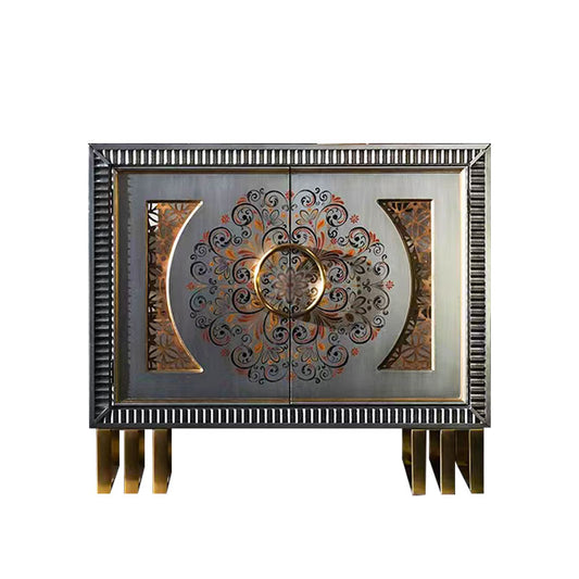 Distressed Silver 2-Door Accent Storage Cabinet, Ornate Floral Medallion Sideboard Buffet with Gold-Tone Ring Pull and Raised Legs for Entryway, Dining Room, Living Room or Hallway