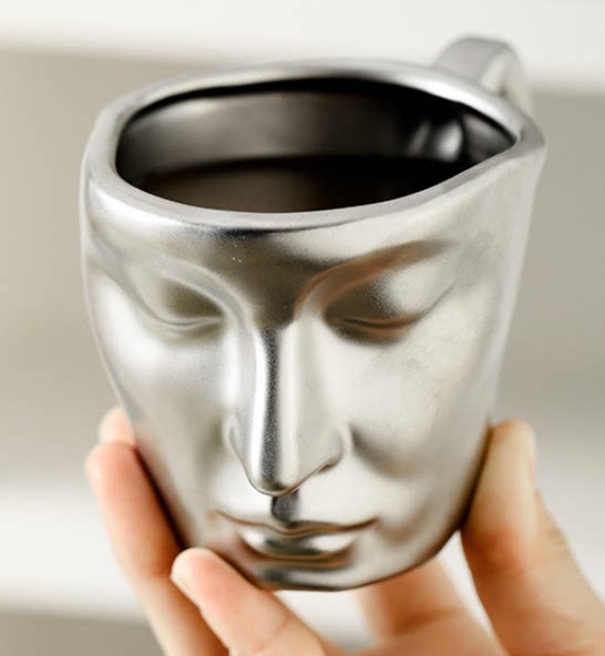 Face Coffee Mug and Saucer Set, 8.8 oz Ceramic Cup with Spoon, Silver