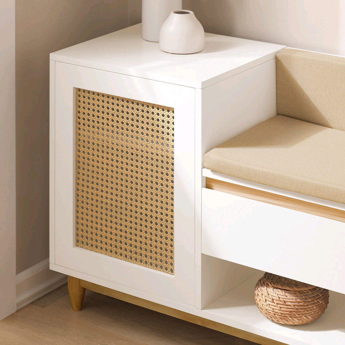 White Shoe Storage Bench with Rattan-Look Door and Cushioned Seat