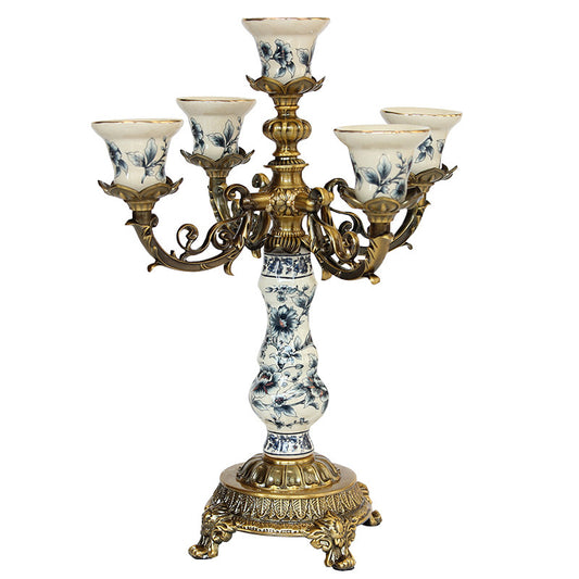 5-Arm Ceramic Candelabra with Antique Gold Metal Base, Decorative Candle Holder Centerpiece for Dining Table, Mantel, Wedding, Living Room &amp; Entryway, Blue Floral Porcelain Design