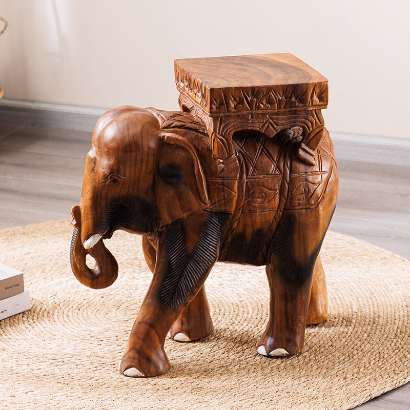Hand Carved Elephant Stool, Solid Wood Animal Side Table with Square Seat, Rustic Entryway Shoe Bench, Plant Stand, Footstool, and Decorative Accent for Living Room, Bedroom, Porch, and Home Decor