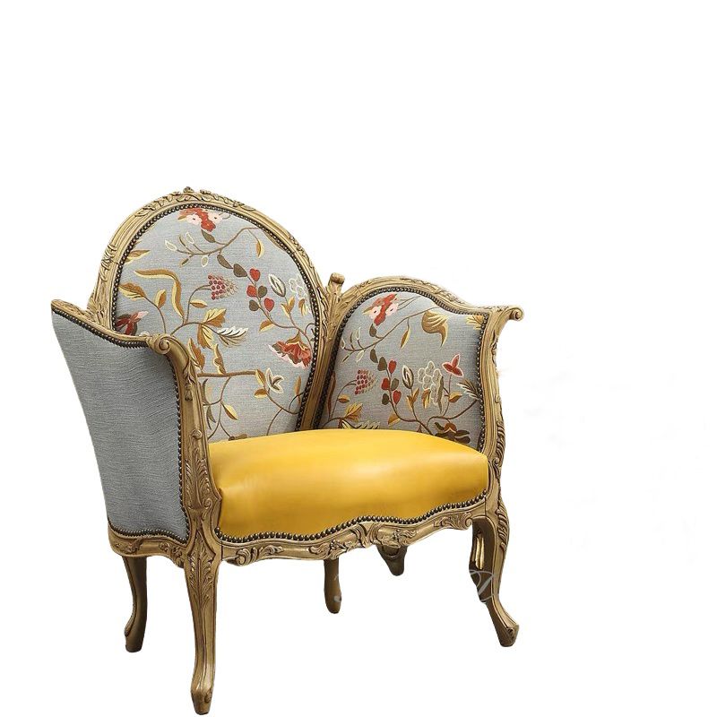 Green Floral Accent Chair, Carved Solid Wood French Country Armchair