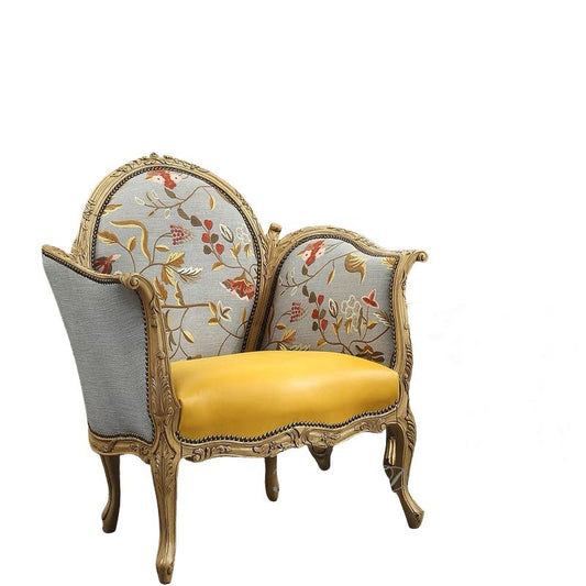 Green Floral Accent Chair, Carved Solid Wood French Country Armchair